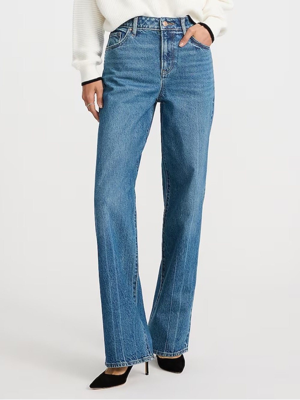 Express High Waisted Medium Wash Cotton Stretch Relaxed Straight Jeans